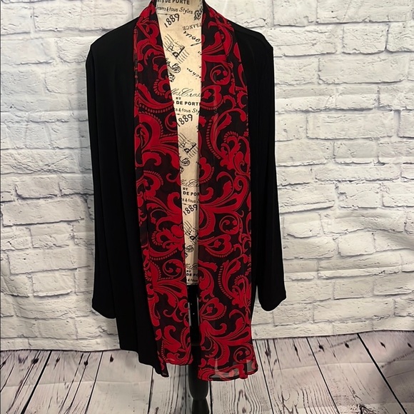 Chico’s Chiffon Trim Jacket Scroll Print Bracelet Sleeves Chicos Size 2 Large - Picture 2 of 9